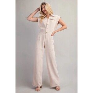 Glam Collection Jumpsuit Womens Size M Beige Utility Safari Wide-Leg